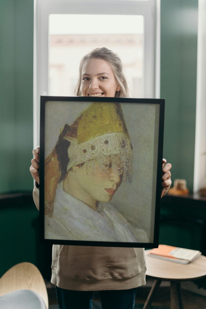 A Girl with Kokoshnik (Woman&#39;s Headdress in Old Russia) by Mikhail Nesterov Realism Art dated 1885