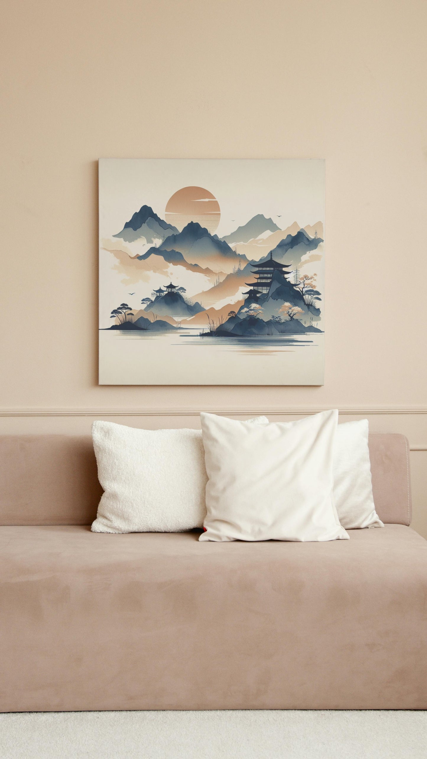 Serene Samskrita Navy & Beige Watercolor: Modern Japanese Art