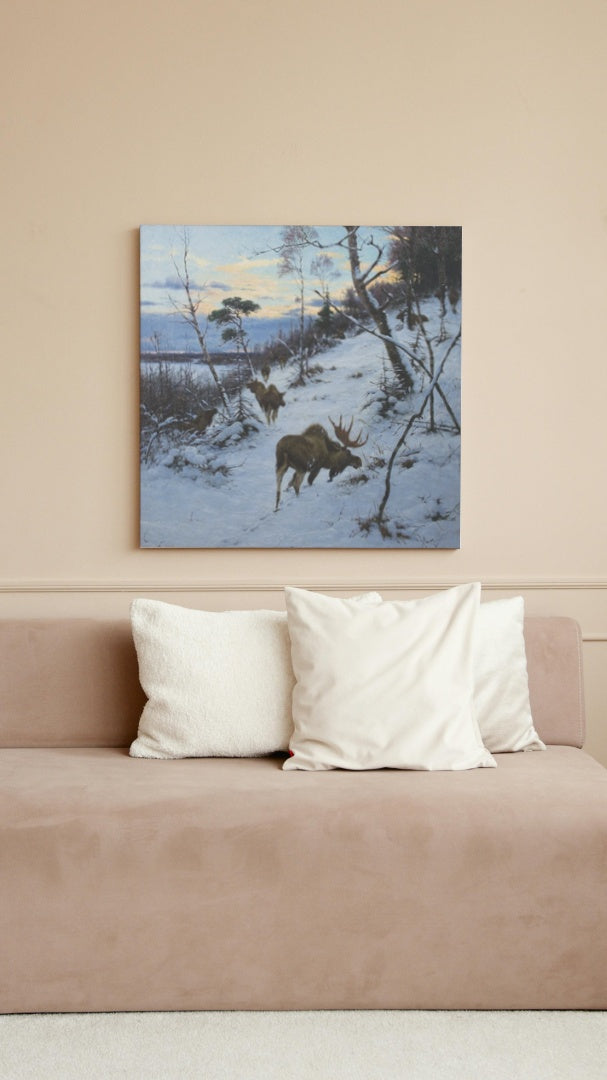 Moose in a Winter Landscape by Richard Friese Naturalism Art dated 1895