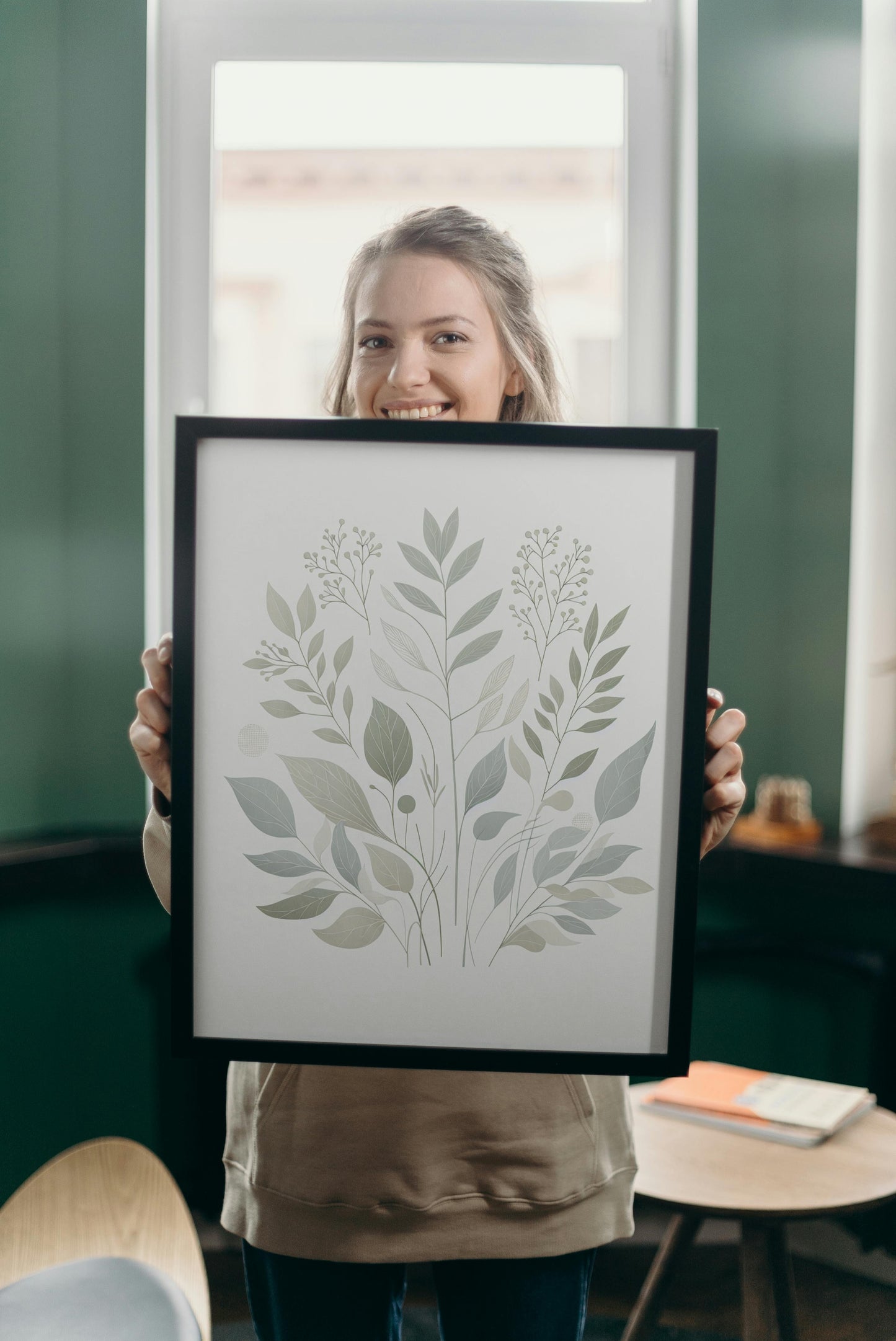 Verdant Aarunya Botanical Art: Modern Watercolor Sage and Off-White Organic Elements