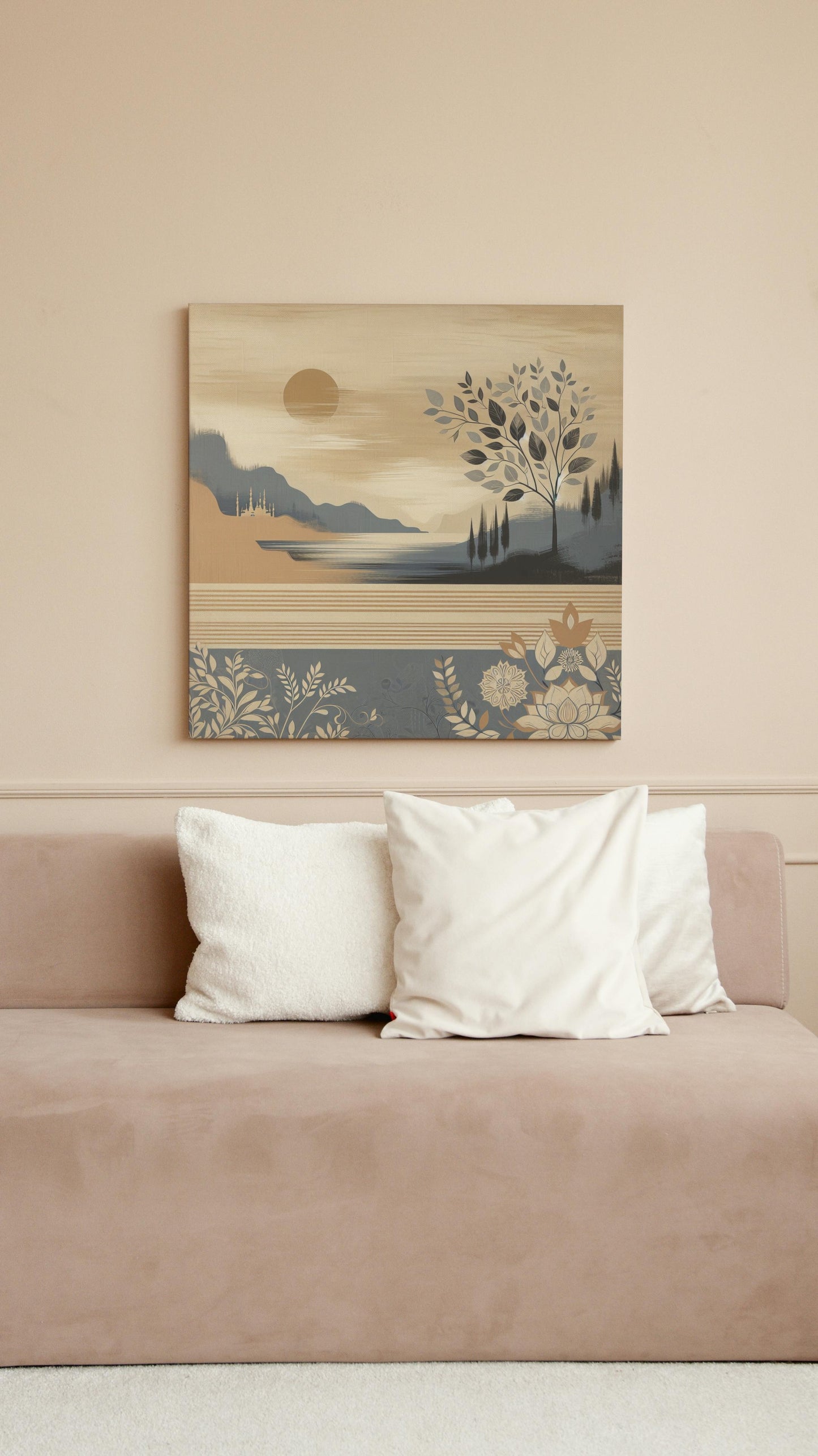 Seraphic Pristinam Landscape Oilpainting: Modern Beige, Navy and Orange Tones