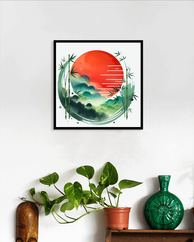 Aurantiaco Sole Bamboo Zenith: Vibrant Japanese Watercolor Art