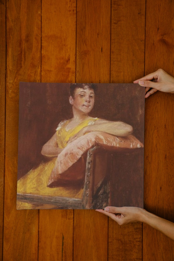 A Girl in Yellow (aka The Yellow Gown) by William Merritt Chase Impressionism Art dated 1900