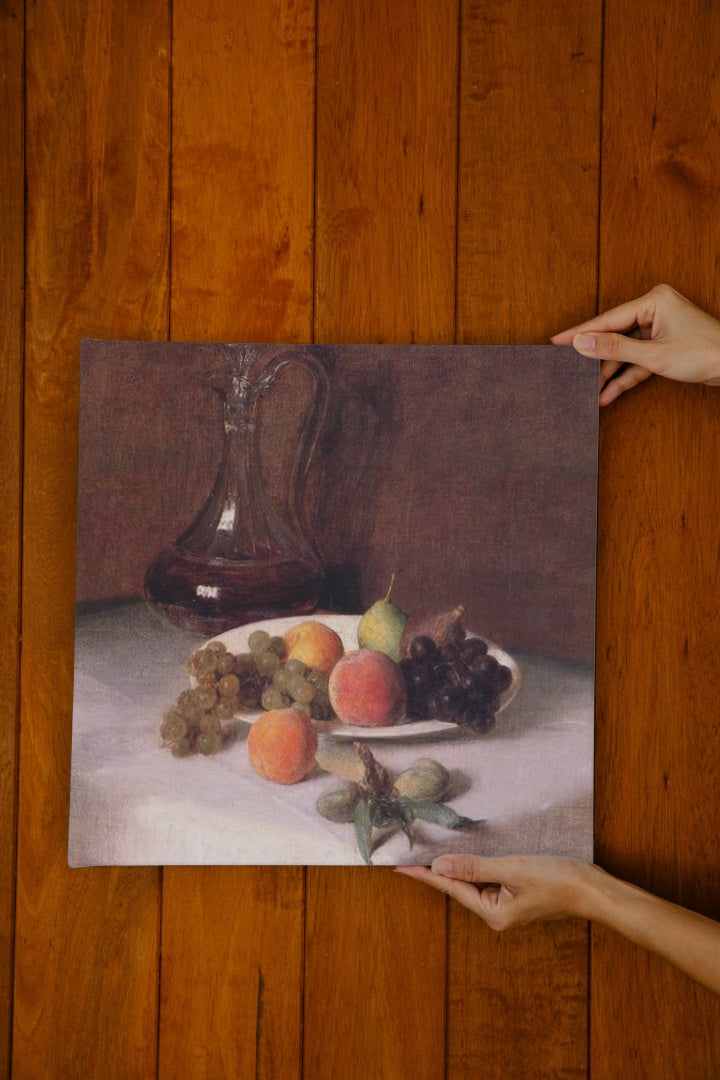 A Carafe of Wine and Plate of Fruit on a White Tablecloth by Henri Fantin-Latour Realism Art dated 1865