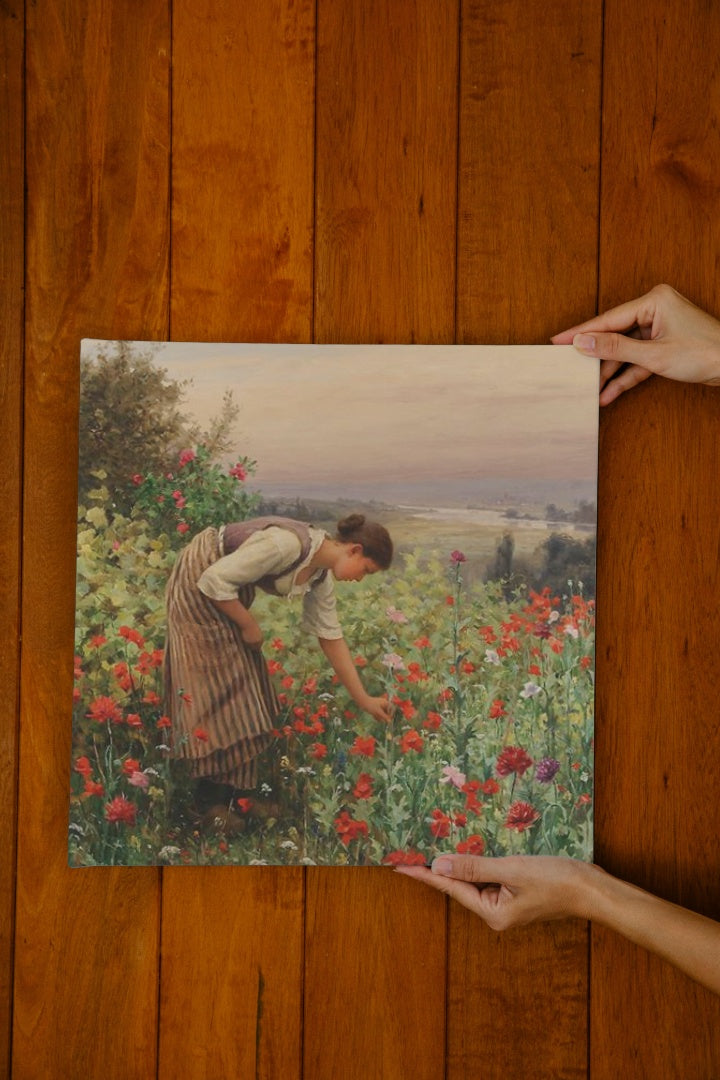 Girl Picking Poppies by Daniel Ridgway Knight Realism Art dated 1898