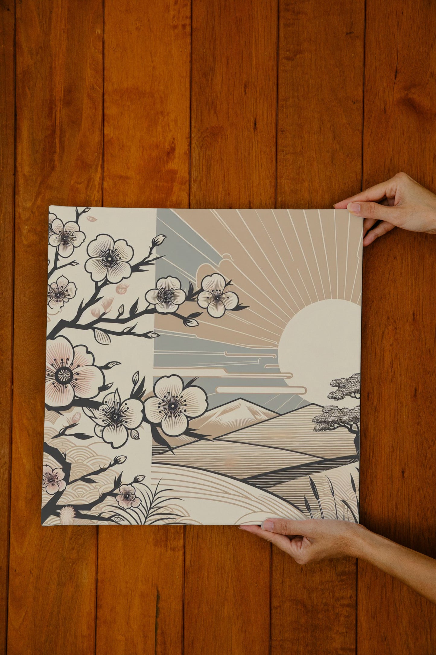 Ambara Serene Sakura: Luminescent Japanese Sunrise Canvas