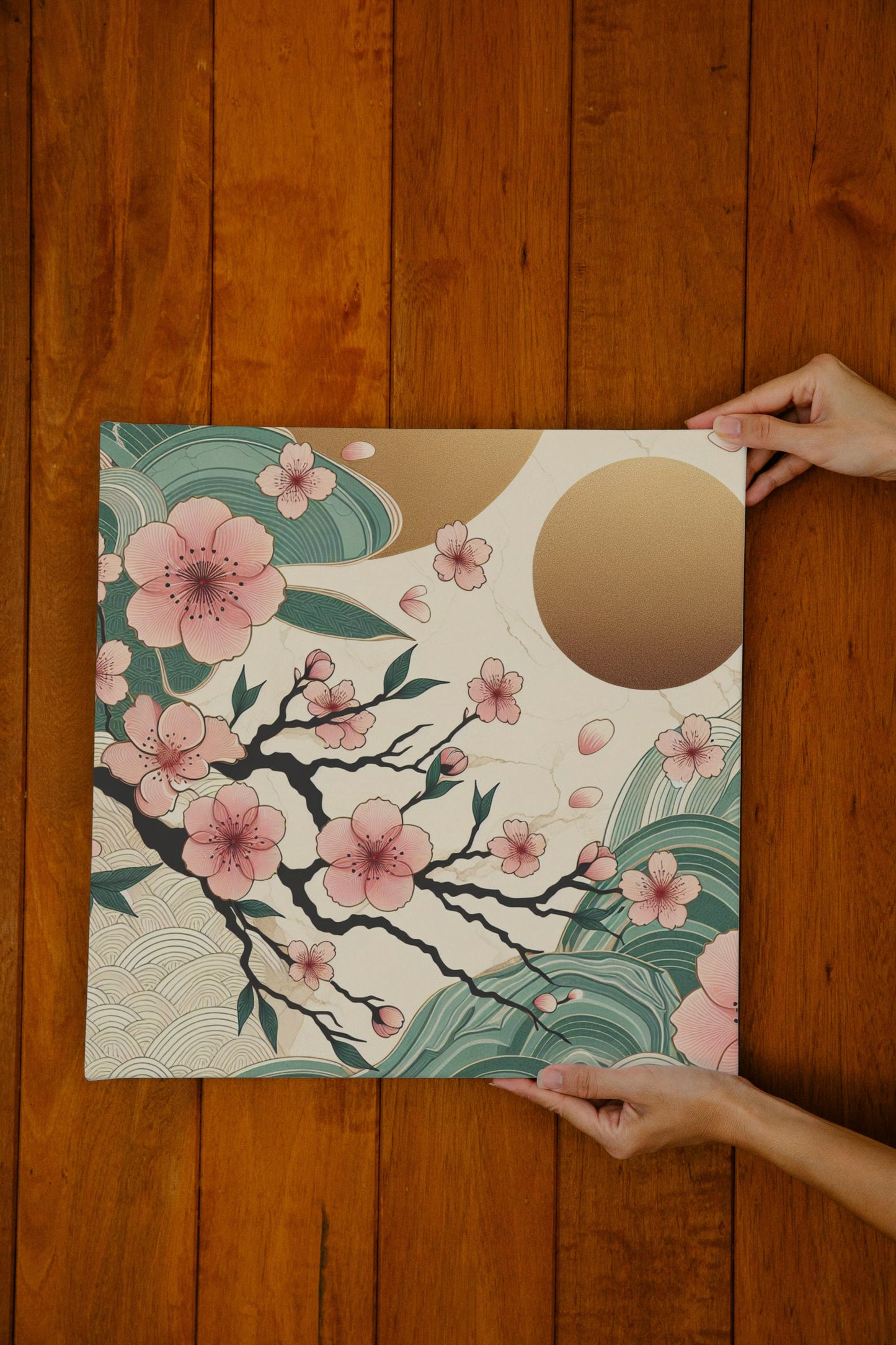 Luminous Vihara Sakura: Japanese-Inspired Modern Green Marble Cherry Blossom Art