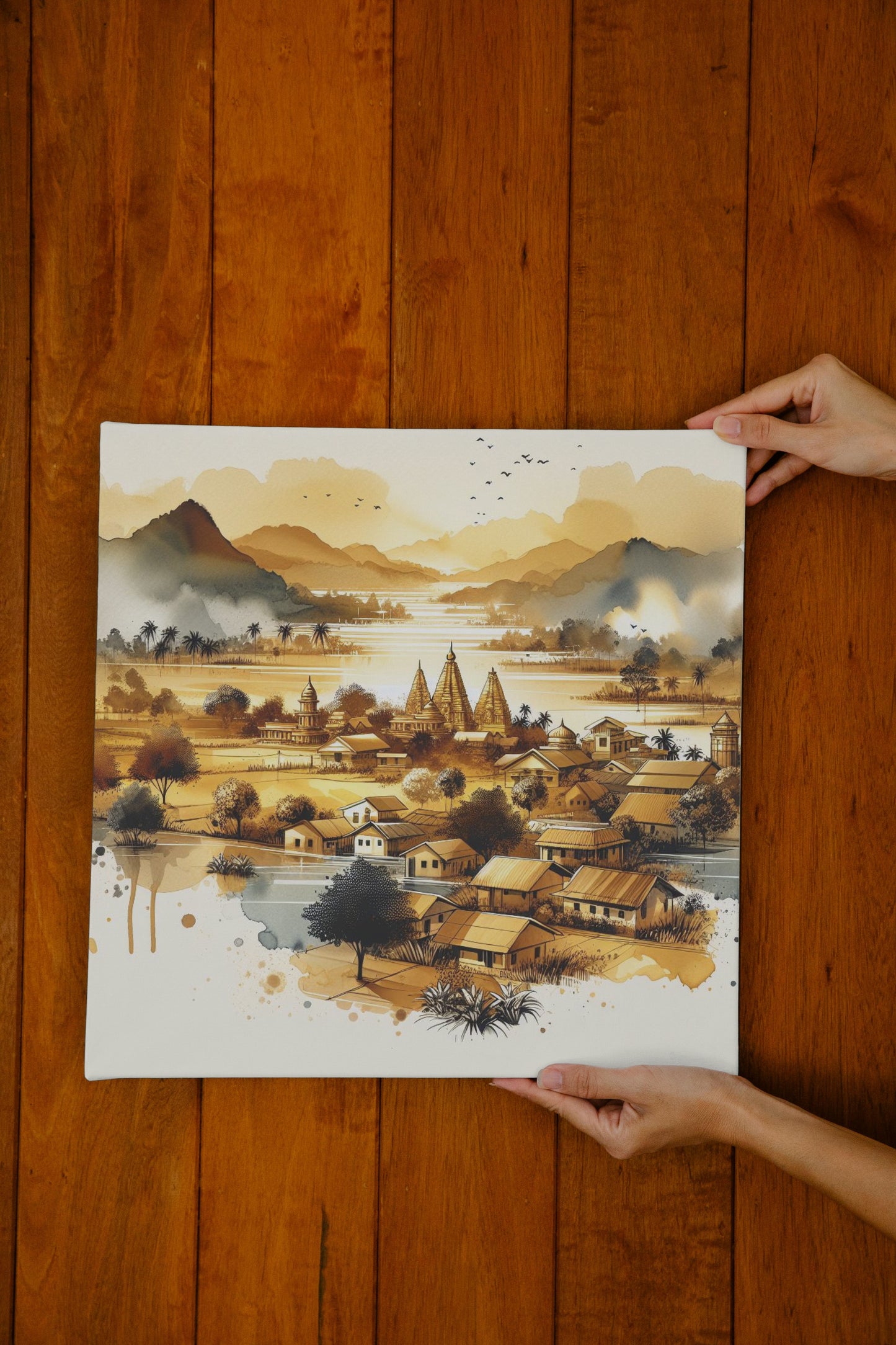 Aureate Prakriti Natura: Modern Watercolor Landscape of Indian Villages