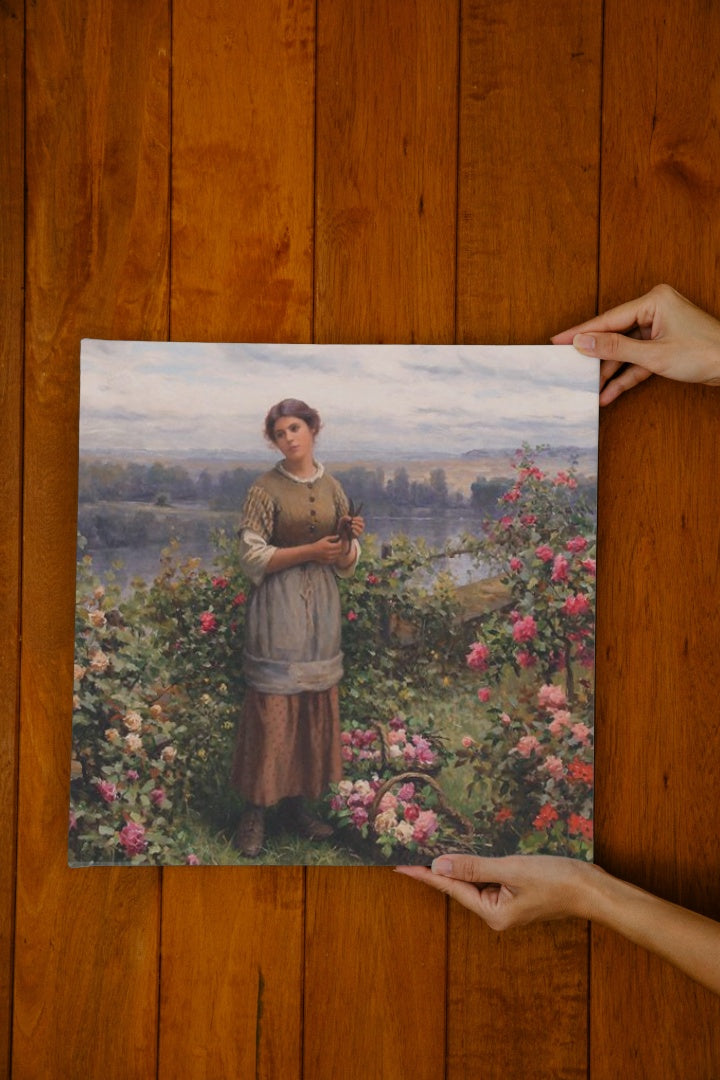 Julia Gathering Roses by Daniel Ridgway Knight Realism Art dated 1900