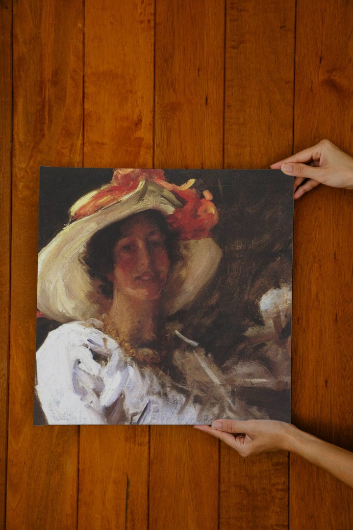 Portrait of Clara Stephens Wearing a Hat with an Orange Ribbon by William Merritt Chase Impressionism Art dated 1913