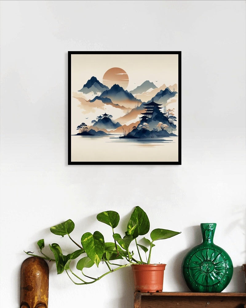 Serene Samskrita Navy & Beige Watercolor: Modern Japanese Art