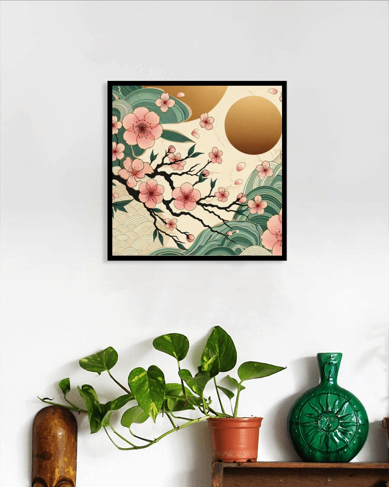 Luminous Vihara Sakura: Japanese-Inspired Modern Green Marble Cherry Blossom Art