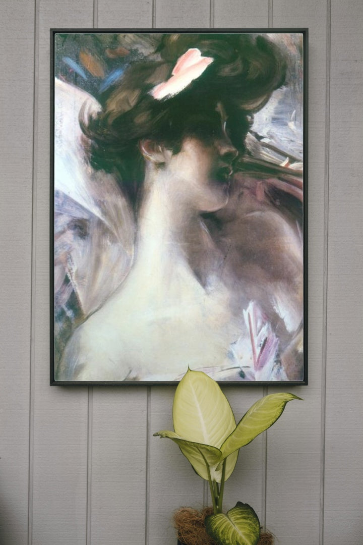 Young woman&#39;s head on a pink background by Giovanni Boldini Kitsch Art dated 1912