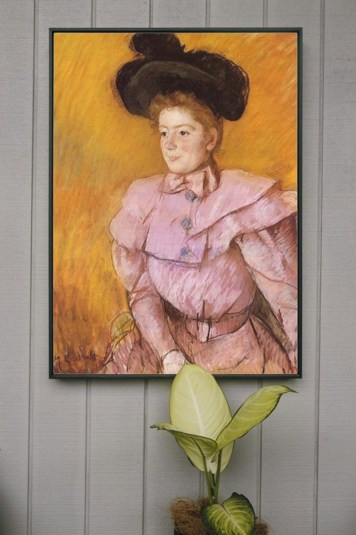 Woman in a Black Hat and a Raspberry Pink Costume by Mary Cassatt Impressionism Art dated 1900