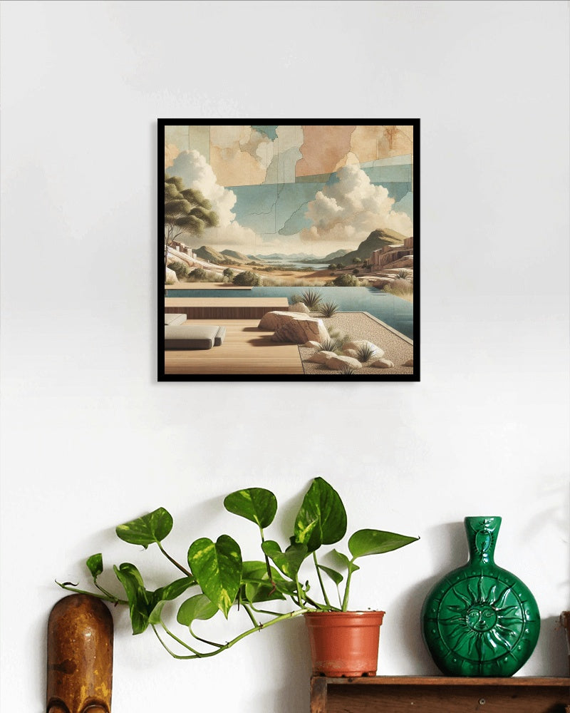 Serene Vishranti Landscape: Modern Oil Painting with Natural Sandstone Texture