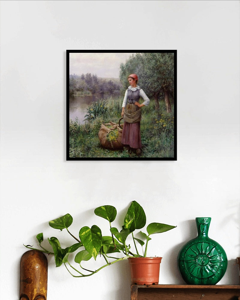 Girl by a stream, Flanders by Daniel Ridgway Knight Realism Art dated 1890