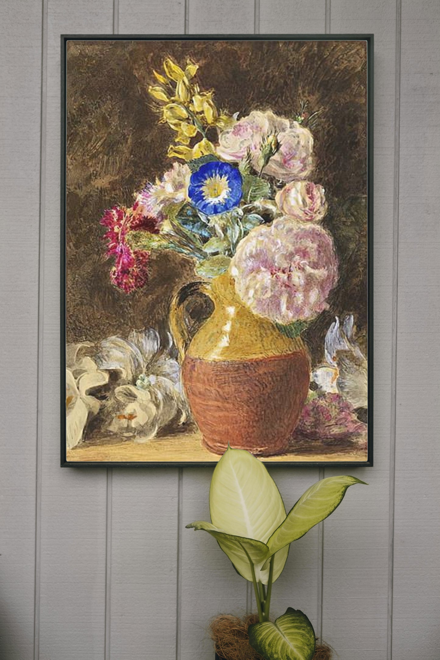 Mixed flowers in a brown and fawn Jug by William Henry Hunt Naturalism Art dated 1860