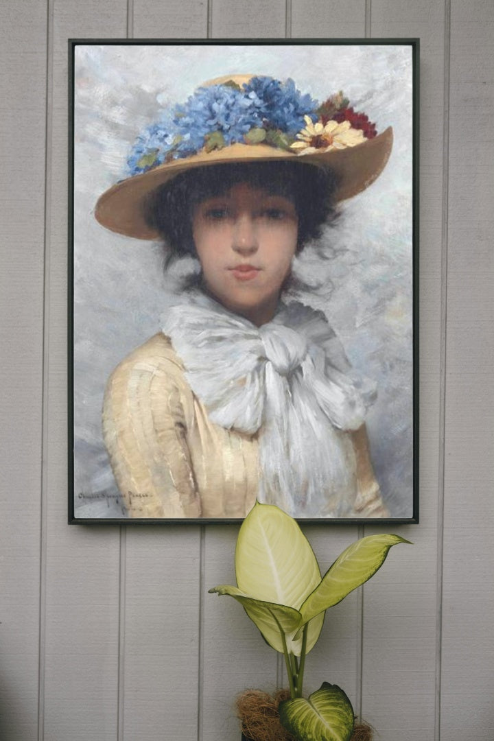 Woman in White Dress and Straw Hat by Charles Sprague Pearce Impressionism Art dated 1880