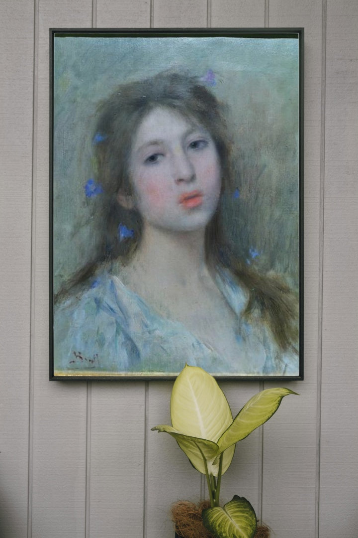 Little girl with blue flowers by Joan Brull Art Nouveau (Modern) Art dated 1890