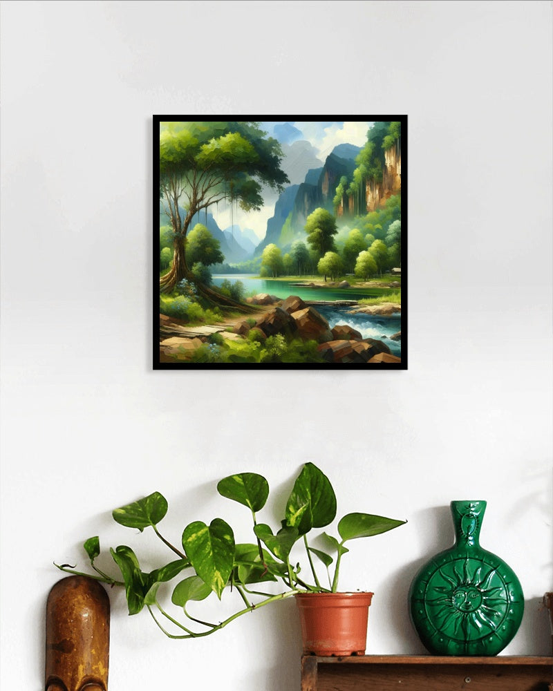 Serene Vistarama: Opulent Prasinous Landscape Oil Painting