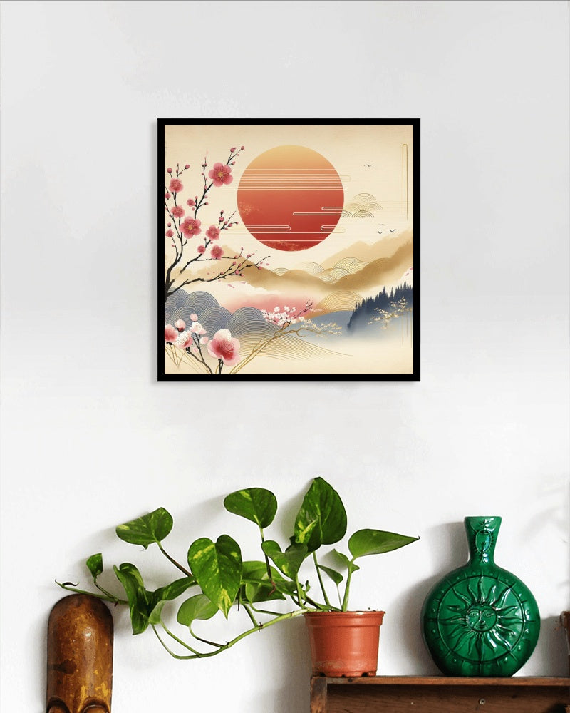 Radiant Aabhasa Sakura: Japanese Watercolor Art with Luminous Sun