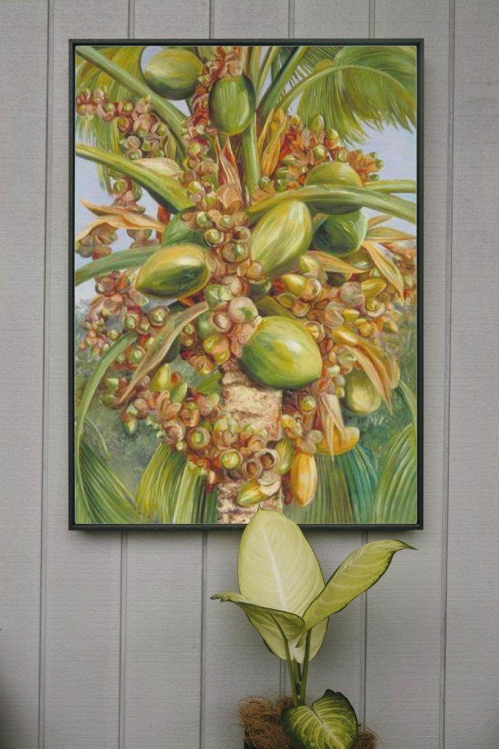 Female Coco de Mer Bearing Fruit Covered with Small Green Lizards by Marianne North Naturalism Art