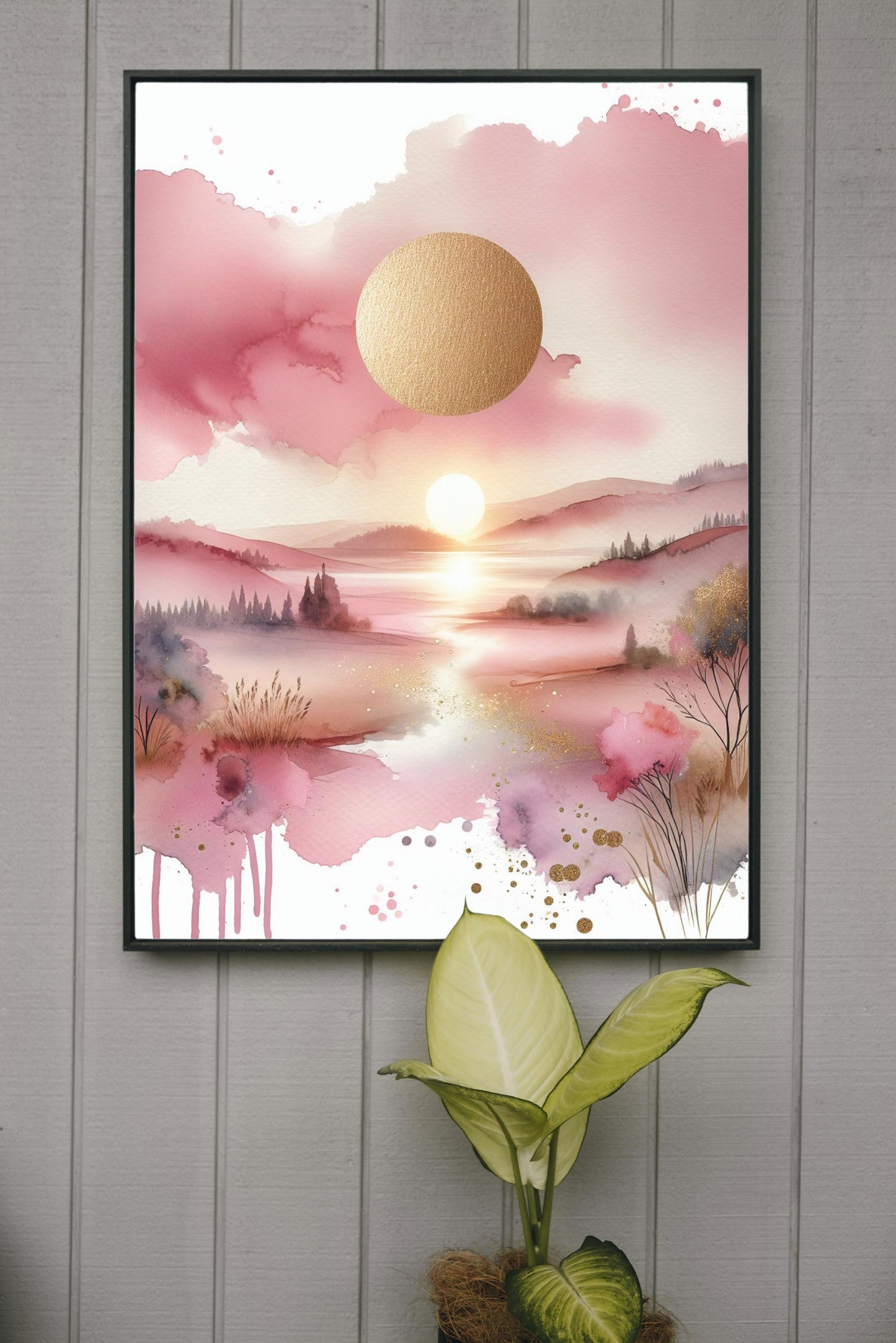 Auroral Pinkum Vistam: Luxuriant Pink and Gold Watercolor Landscape Art