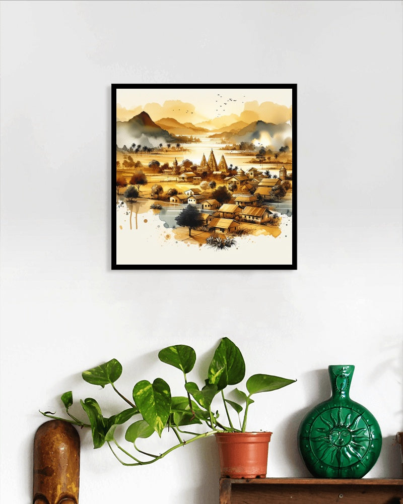 Aureate Prakriti Natura: Modern Watercolor Landscape of Indian Villages