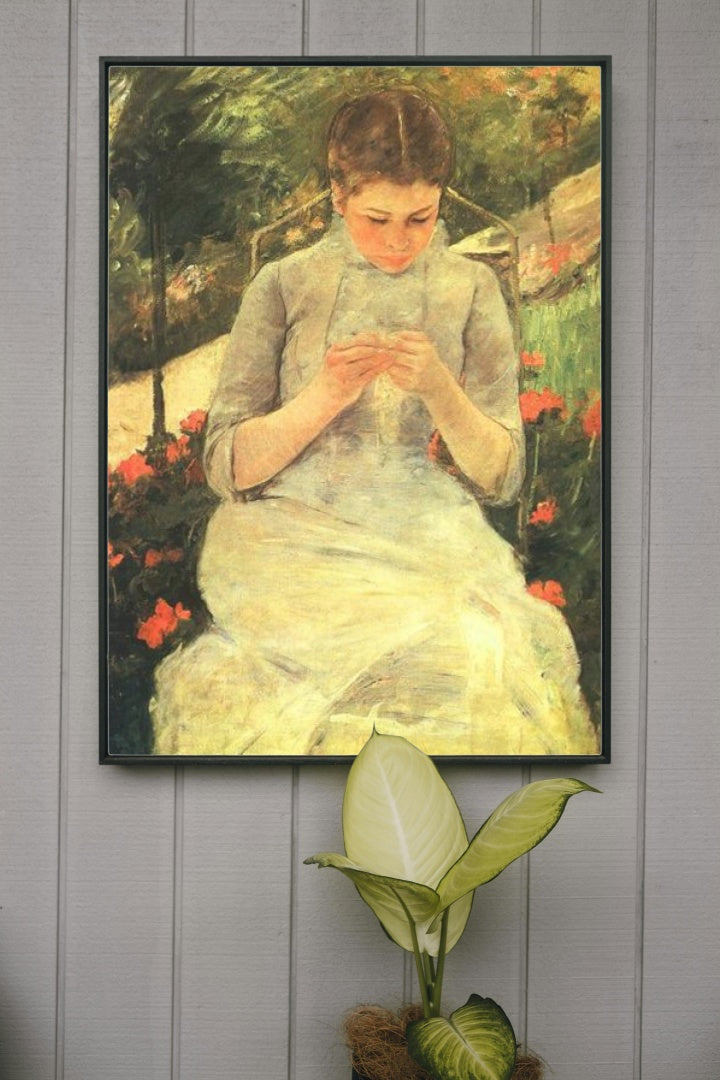 Young Woman Sewing in the garden by Mary Cassatt Impressionism Art dated 1882