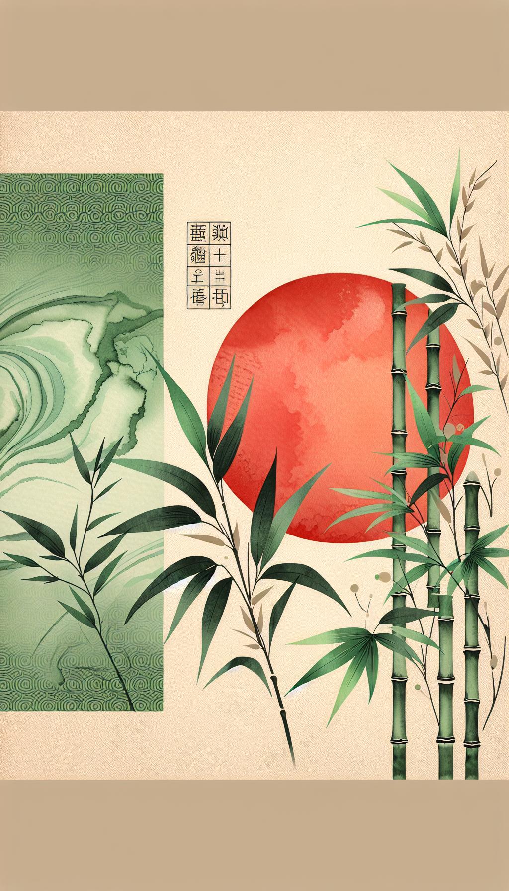 Auroralis Virent Pristinus: Japanese Watercolor Art with Sun and Bamboo