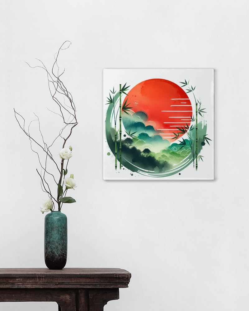 Aurantiaco Sole Bamboo Zenith: Vibrant Japanese Watercolor Art