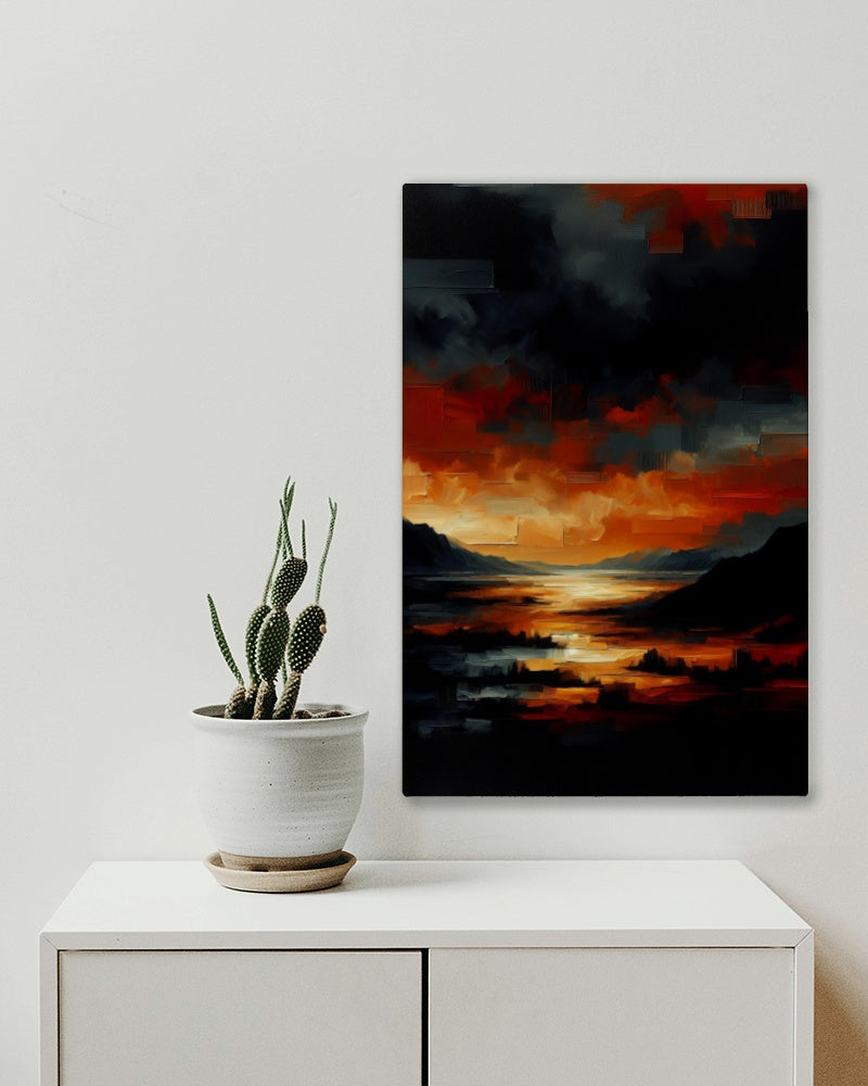 Aurantiaco Noctis Vastitas - Enigmatic Deep Orange Black Landscape Oilpainting Art