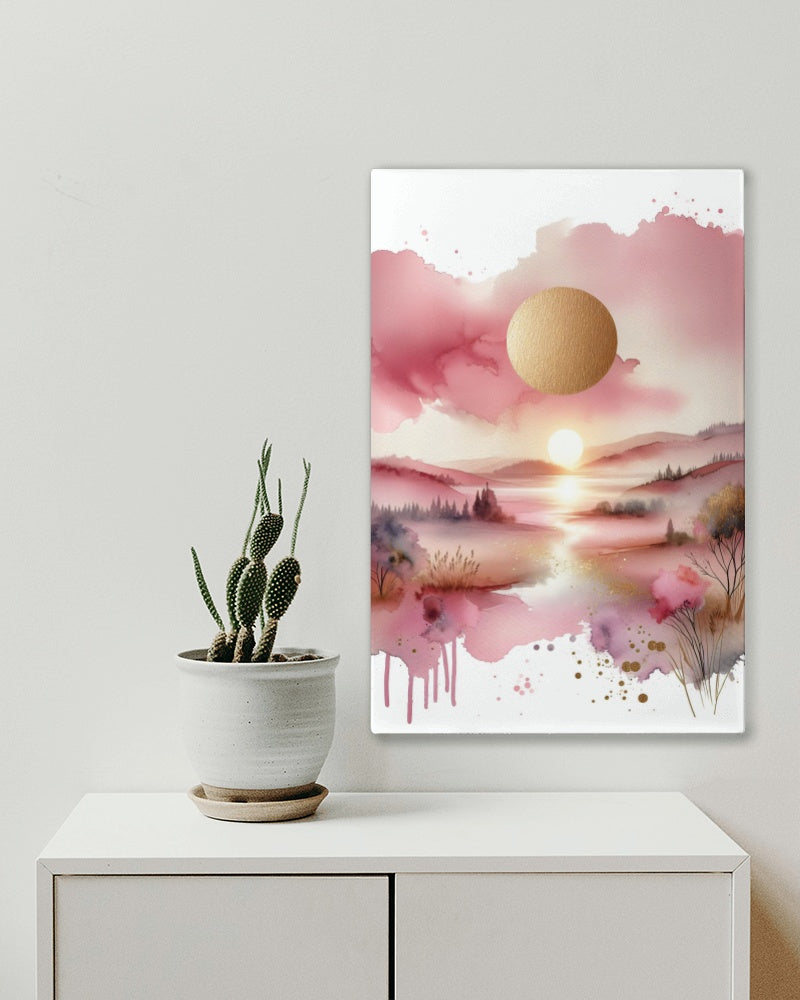 Auroral Pinkum Vistam: Luxuriant Pink and Gold Watercolor Landscape Art