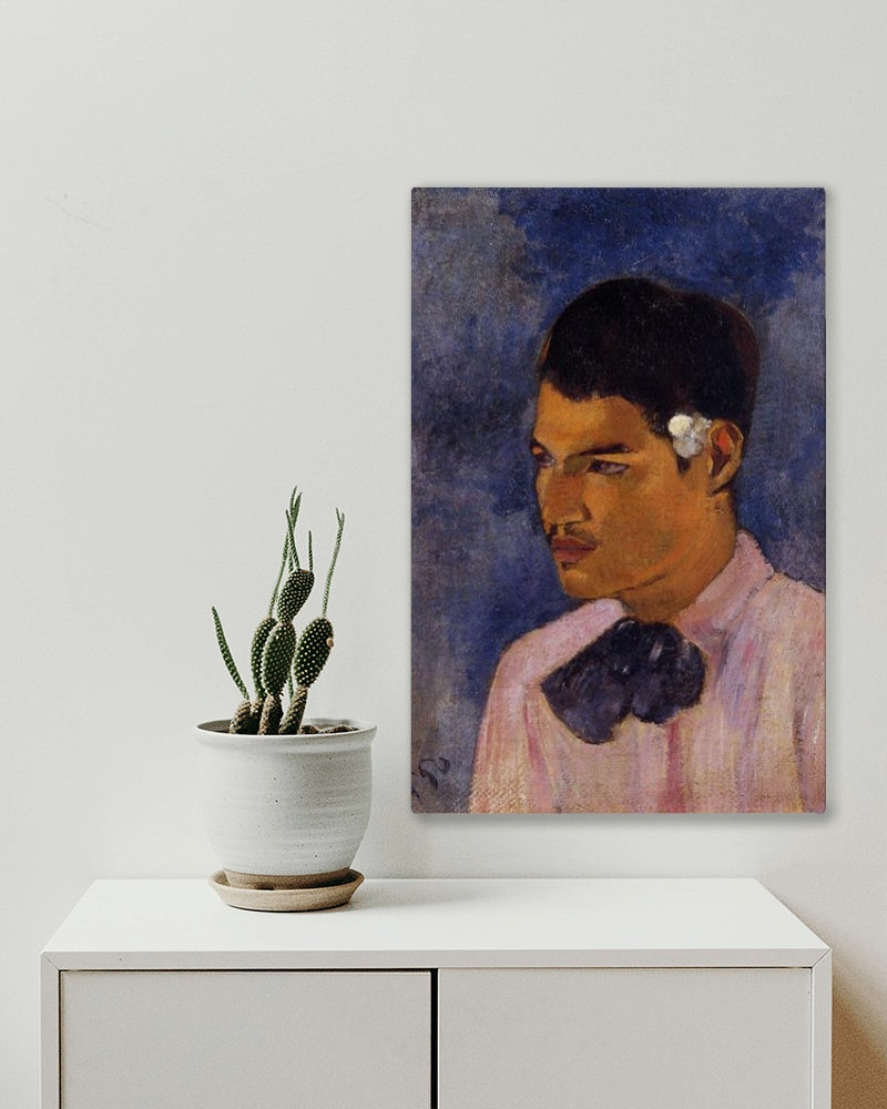 Young Man with a Flower Behind his Ear by Paul Gauguin Cloisonnism Art dated 1891