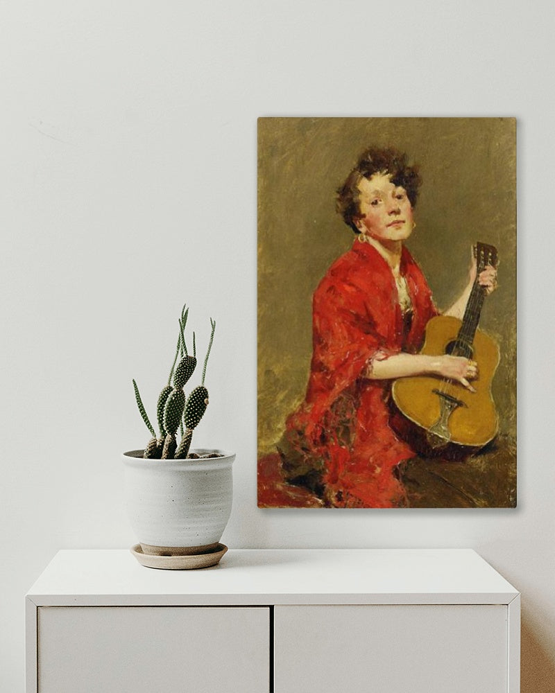 Girl with Guitar by William Merritt Chase Impressionism Art dated 1886