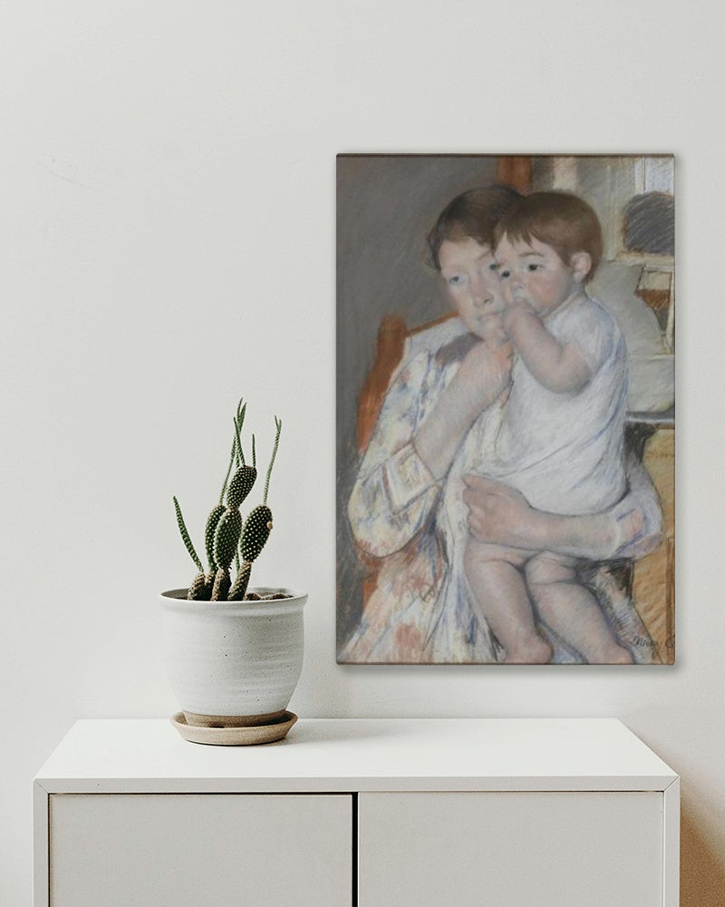 Woman&#160;and&#160;child&#160;in front of&#160;a&#160;shelf&#160;which&#160;are&#160;placed&#160;a jug&#160;and basin by Mary Cassatt Impressionism Art dated 1889