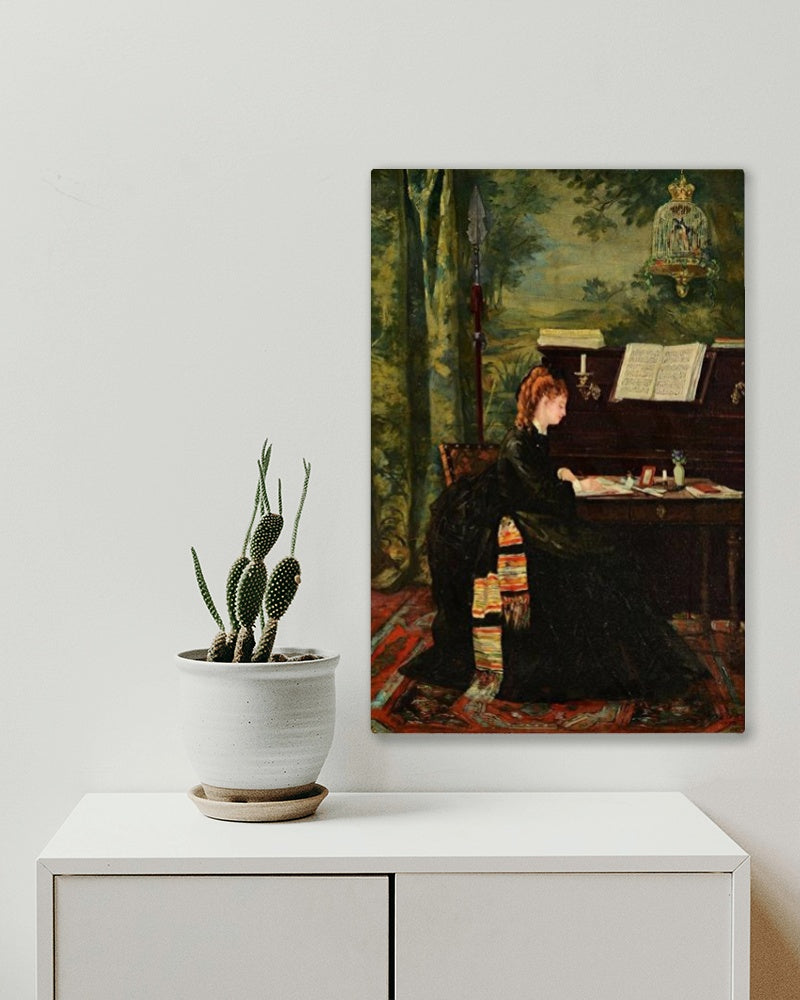 A Lady Seated at a Writing Desk by a Piano by Louise Abb&#233;ma dated 1872