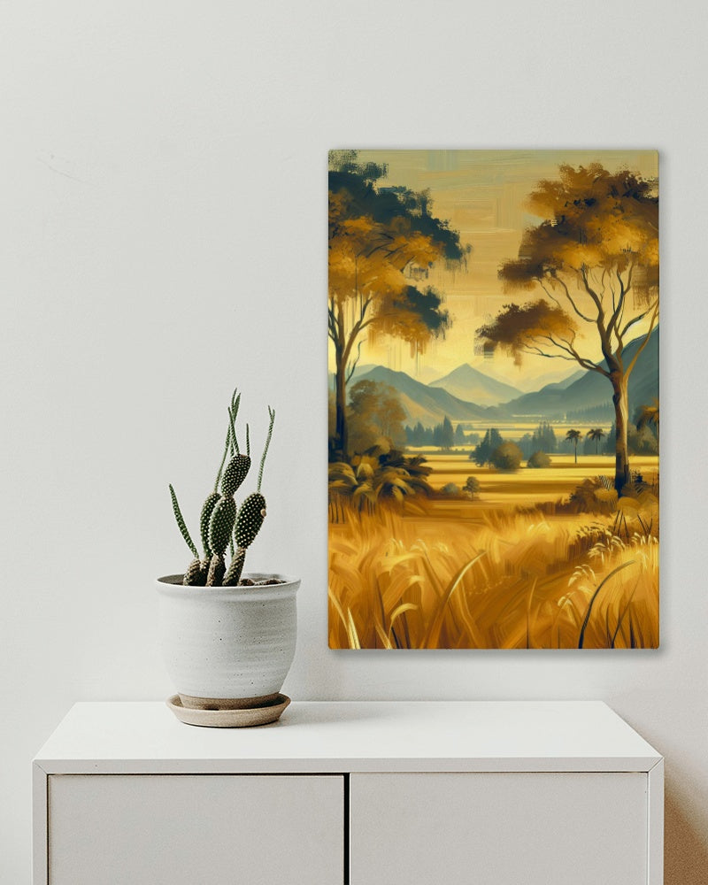 Aureate Pristinam Vistas: Serene Golden Landscape Oilpainting