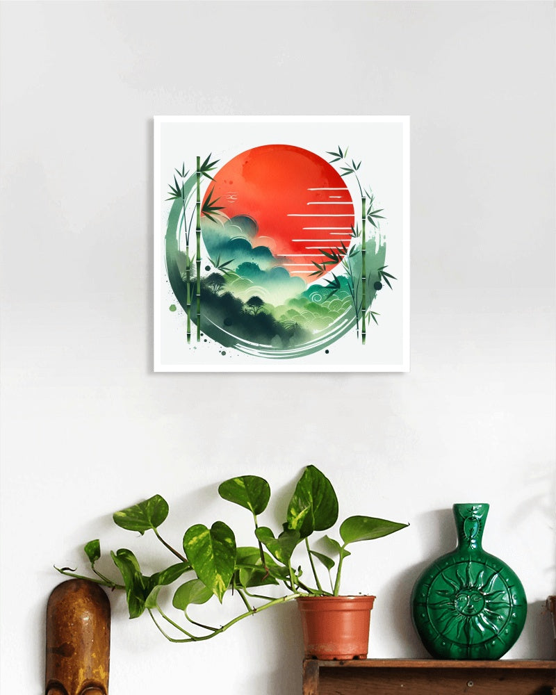 Aurantiaco Sole Bamboo Zenith: Vibrant Japanese Watercolor Art