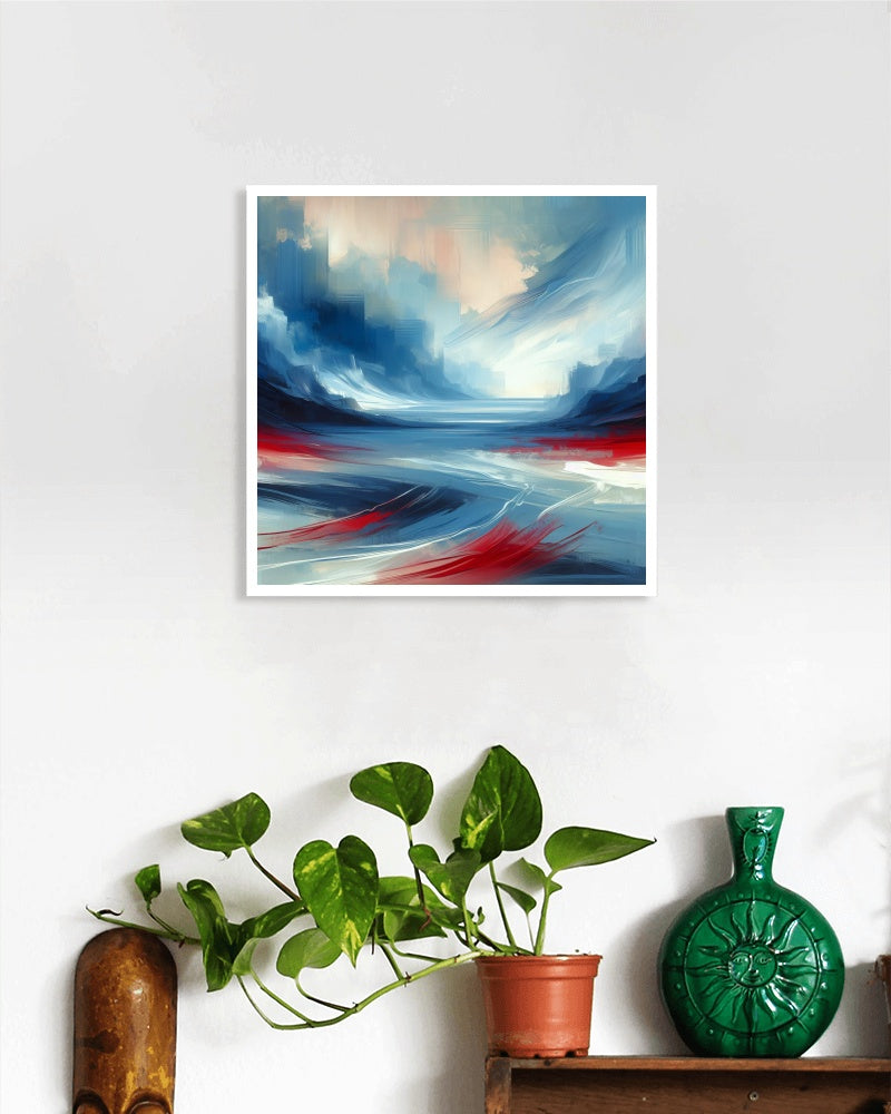 Serene Blue and Red Modern Landscape Art